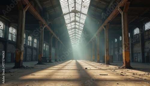 Vast, empty industrial warehouse interior with high ceiling featuring skylights. Sun beams illuminate dusty concrete floor and weathered wooden support columns. Grimy windows line the aged walls.