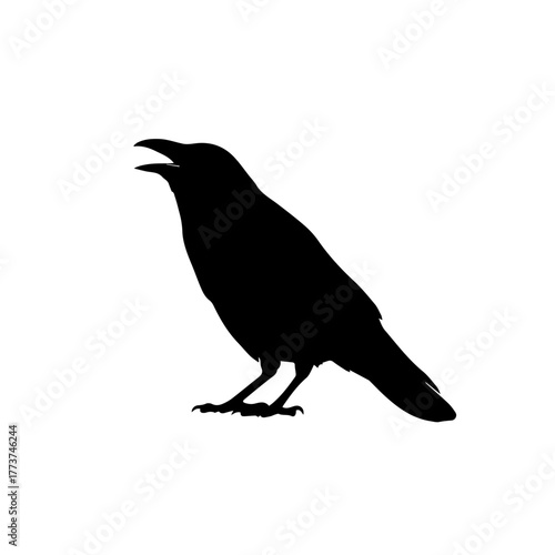 A silhouette of a crow with its beak open, perched on its feet against a white background.
