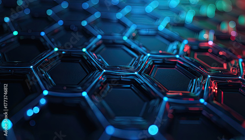 Glowing blue and red lights flow through an intricate hexagonal pattern, forming an abstract digital desktop background wallpaper.