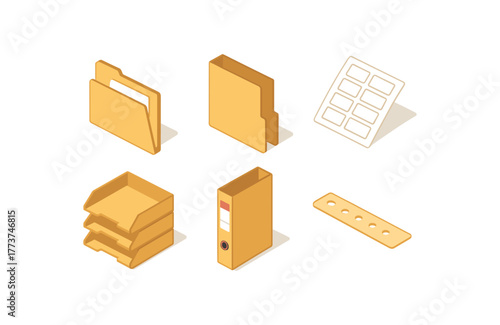 isometric icon items isolated on white background folder document sleeve folder report cover folder label sticker sheet folder file organizer tray folder spine label folder punch hole guide
