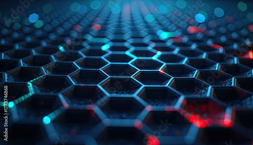 A futuristic abstract hexagonal grid pattern with vibrant glowing blue and red lights creates a dynamic modern desktop background wallpaper.
