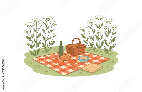 meadow picnic among yarrow plants outdoor relaxation and natural beauty flat vector illustration style isolated on white background