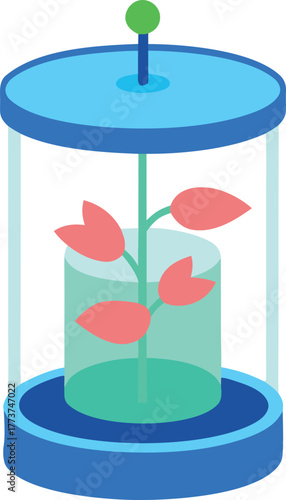 Transparent aquaponic cylinder with floating neon lights and aquatic plants