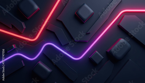 Glowing red and purple neon lines curve and interact with dark abstract geometric shapes, forming a dynamic modern desktop background wallpaper.