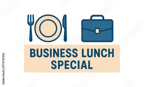 Flat vector banner design text BUSINESS LUNCH SPECIAL supporting icons of plate cutlery and briefcase beige and blue palette