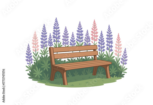 lupine around wooden bench peaceful rest spot and scenic bloom flat vector illustration style isolated on white background