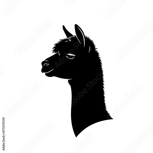 A black silhouette of an alpaca's head and neck facing left with its eyes closed.