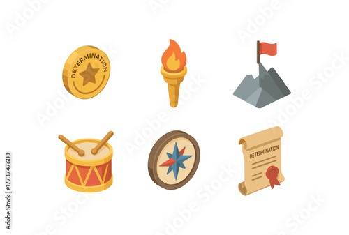 isometric icon items isolated on white background determination challenge coin determination flame torch determination mountain flag determination rally drum determination compass rose