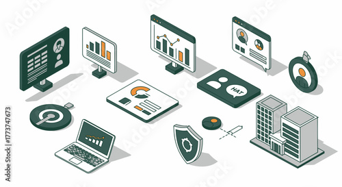 Modern business analytics isometric scene with charts, graphs, and data visualizations for professional presentations and marketing materials, growth focus