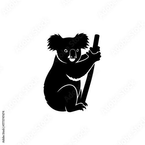 A black silhouette of a koala bear clinging to a tree branch, depicted in a simple, graphic style.
