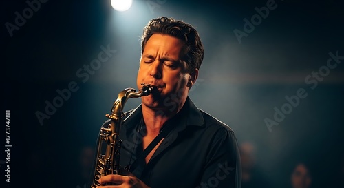Saxophone Serenade - Musician Lost in Melodic Performance Under Spotlight.