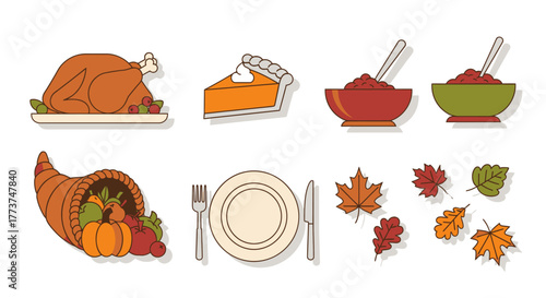Festive Thanksgiving feast with turkey, pumpkin pie, and cornucopia, perfect for seasonal celebrations and joyful gatherings with family and friends
