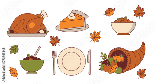 Celebrate Thanksgiving with a colorful feast featuring turkey, pumpkin pie, cranberry sauce, and a bountiful cornucopia of fall harvest delights