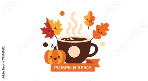 Cozy up with cuteness! Adorable pumpkin spice latte with smiling leaves and a happy pumpkin, perfect for autumn designs and heartwarming fall vibes