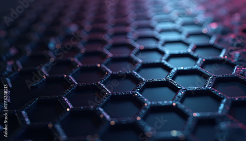 A dark abstract hexagonal pattern displays glowing blue and pink light, making an ideal modern desktop background wallpaper.