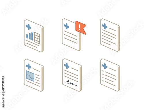 isometric icon items isolated on white background medical chart lab results panel medical chart allergy flag medical chart progress note medical chart imaging section medical chart