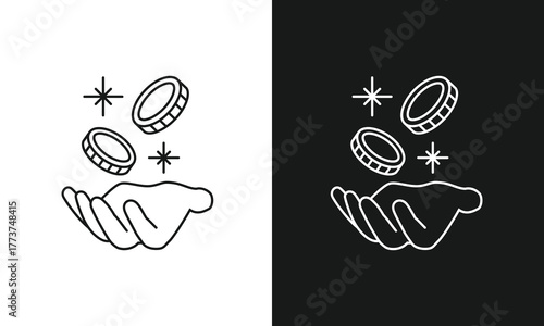 Hand Receiving Sparkling Coins Line Art Icon, Minimalist Symbol for Earning Money, Receiving a Bonus, or Magical Wealth, Modern Isometric Vector Graphic for Finance, Rewards, and Donations.