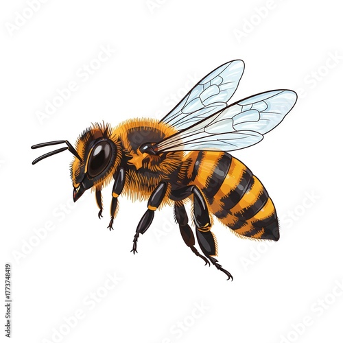 This vector image features a yellow and black bee with shiny, clear wings, looking active and ready to fly to collect honey.