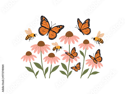 bees and butterflies coneflower patch pollinator diversity and nature balance flat vector illustration style isolated on white background