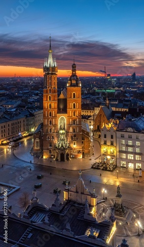 Rynek Główny w Krakowie z lotu drona o wschodzie słońca