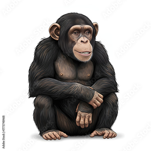 This image shows a chimpanzee with a calm and intelligent expression, sitting relaxed with thick black fur and a face that shows a gentle and curious character.