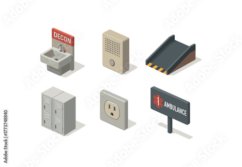 isometric icon items isolated on white background ambulance bay decontamination sink ambulance bay intercom speaker ambulance bay loading ramp ambulance bay storage lockers ambulance bay