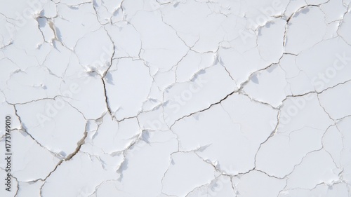 Close-up view of cracked earth surface, showcasing sharp contrasts between brown crevices and white patches. Top-down angle emphasizes natural patterns. Dry and arid mood. Neural network AI generated