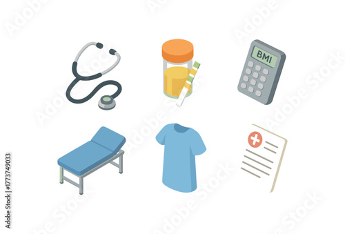 isometric icon items isolated on white background checkup stethoscope checkup urinalysis strip checkup BMI calculator checkup exam table checkup patient gown checkup lab requisition