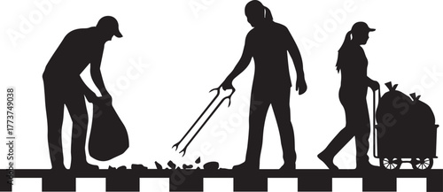 International volunteer day silhouettes team cleaning trash together on unity