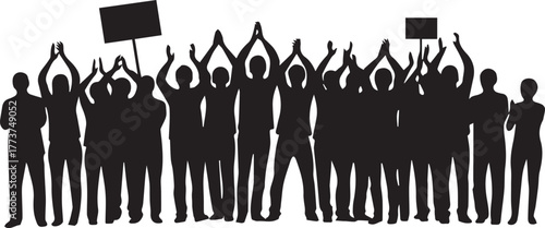 Silhouettes of diverse crowd with raised hands and signs celebrating international volunteer day