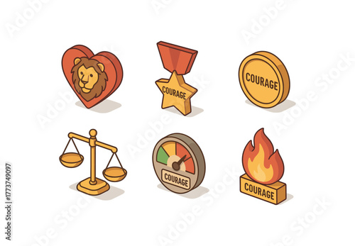 isometric icon items isolated on white background courage lion heart emblem courage bravery medal badge courage challenge coin courage fortitude scale courage fear gauge courage valor flame