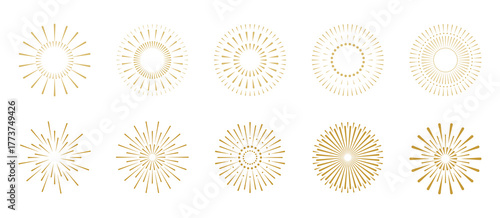 A set of fireworks icons in golden shades, vector illustration, isolated on a white background. A graphic element for design, decoration, celebration, postcard, poster. Funny sparks, lights, flashes 