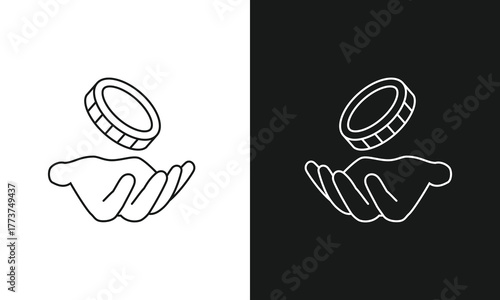 Hand Receiving Coin Line Art Icon, Minimalist Symbol for Donation, Payment, and Savings, Modern Isometric Vector Graphic for Finance, Banking, and Charity, Black and White Versions.