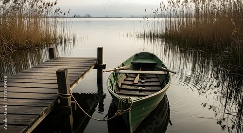 Solitary green rowboat moored at a rustic wooden pier on a calm lake.