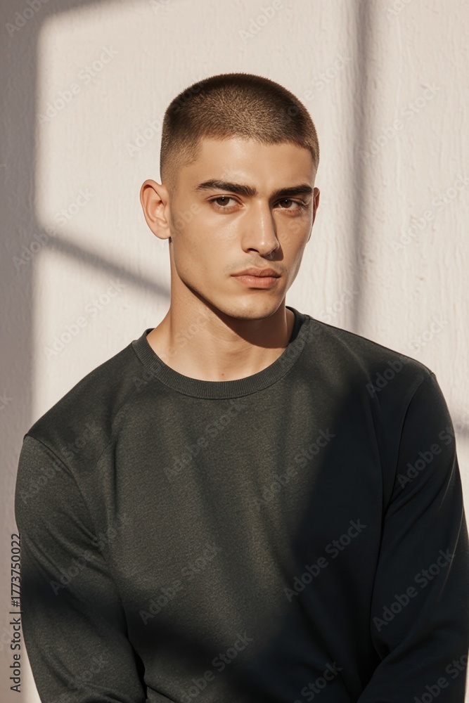 Obraz premium Young man with buzz cut and intense gaze in dark top