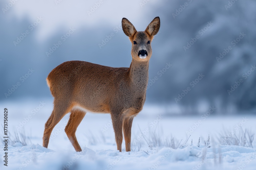Obraz premium Roe deer standing in winter landscape with snow-covered ground