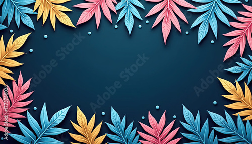 Vibrant colorful leaves in pink, yellow, and blue shades elegantly frame a dark blue surface, creating a beautiful desktop background wallpaper.