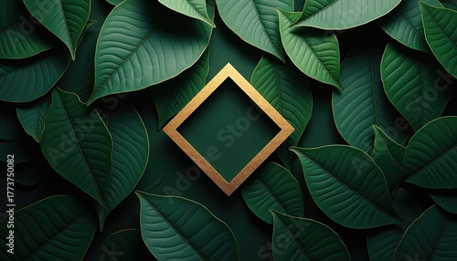 Vibrant green leaves form a fresh natural pattern with a gleaming golden square in the middle, great for any desktop background wallpaper.