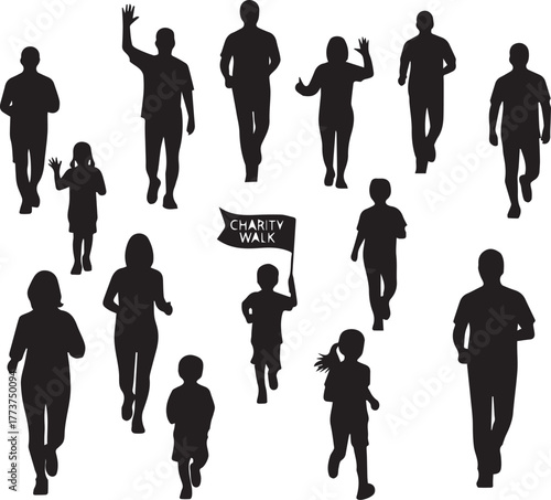 Diverse group silhouette of people running celebrating international volunteer day movement and activity