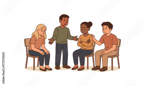group practicing emotion role play training empathy through perspective shifting flat vector illustration style isolated on white background