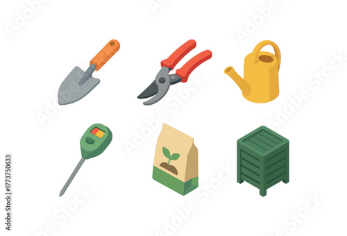 isometric icon items isolated on white background gardening spade blade gardening pruning shears gardening watering can gardening soil tester gardening seed packet gardening compost bin