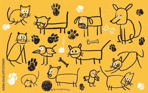 Hand drawn whimsical cats. Children's drawing style. Cute pet, bones, skein of thread. Vector flat drawn with chalk and charcoal quirky cartoon animal happy character set dreamy collection on yellow.