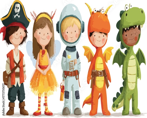 Cute Kids in Costumes: Group of Diverse Children Dressed as Pirate, Fairy, Astronaut, Dinosaur, and Dragon for Halloween or Costume Party