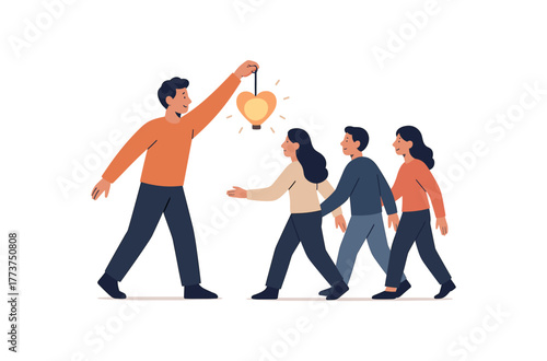 person holding glowing heart lantern guiding others emotional leadership and inspiration concept flat vector illustration style isolated on white background