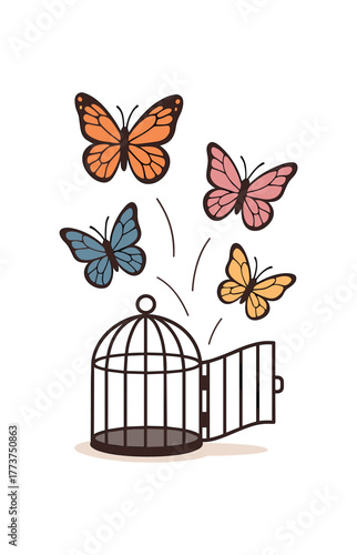 feelings illustrated as butterflies escaping from cage emotional liberation and growth metaphor flat vector illustration style isolated on white background