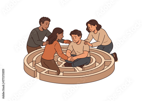 team building empathy labyrinth collaborative emotional intelligence challenge flat vector illustration style isolated on white background