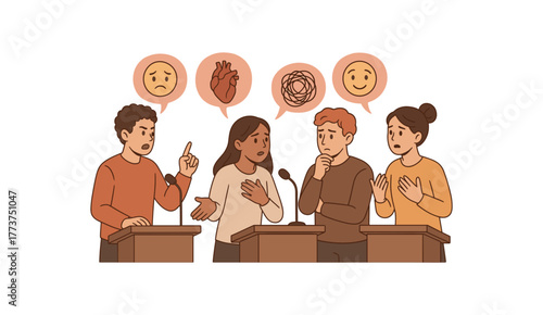 emotional debate club participants exploring feelings behind arguments unique education concept flat vector illustration style isolated on white background