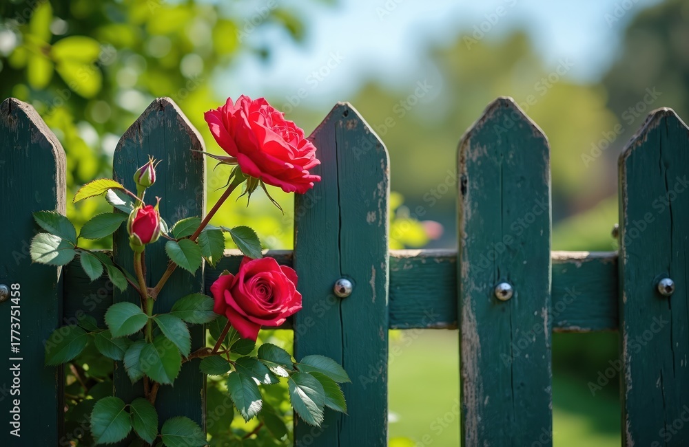 Fototapeta premium Red garden roses bloom on green wooden fence. Lush green leaves and buds grow near weathered planks. Sunlight filters through soft green foliage creating natural beauty.