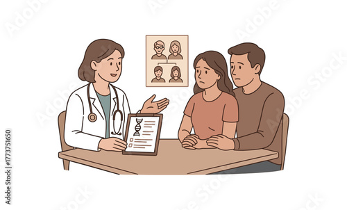 doctor discussing genetic test results hereditary disease diagnosis and family health planning flat vector illustration style isolated on white background