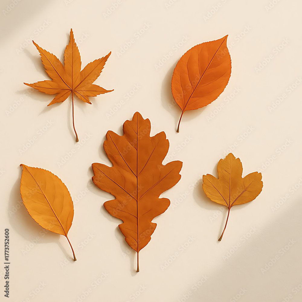 Fototapeta premium Arrangement of autumn leaves in warm colors on neutral background 